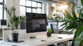 Modern office space interior with green plants, desks and computers, empty room with white design. Theme of business, table, Royalty Free Stock Photo