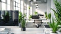 Modern office space interior with green plants, desks and computers, empty room with white design. Theme of business, work, table Royalty Free Stock Photo