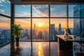 A modern office space with large windows overlooking a bustling cityscape, Office with panoramic skyline view, AI Generated