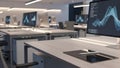 Modern office space with multiple computer workstations and data Royalty Free Stock Photo