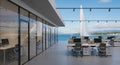 Modern Office Space with Panoramic Lake View and Fountain Royalty Free Stock Photo