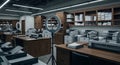 Modern office space with ring light and printers on desks, ready for content creation Royalty Free Stock Photo
