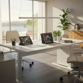 Modern office space with a sleek white desk featuring two open laptops displaying