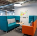 Modern office space with vibrant furnishings. Features include two-tone sofas in teal, gray, and orange generative ai Royalty Free Stock Photo