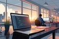 Modern office sunset, laptop coding reflects desk, serene worker scene Royalty Free Stock Photo