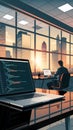 Modern office sunset, laptop coding reflects desk, serene worker scene Royalty Free Stock Photo