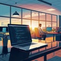 Modern office sunset, laptop coding reflects desk, serene worker scene Royalty Free Stock Photo