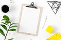 Modern office table desk female workspace clipboard accessories flat lay top view