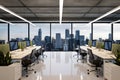 Modern office with views of the city skyline, with linear lighting, polished floors, workstations, and plants Royalty Free Stock Photo