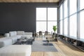 Modern office waiting area with grey armchairs and sofa, a marble coffee table, wooden parquet. Panoramic city view windows. Hotel Royalty Free Stock Photo