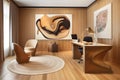 modern office with wood paneling, sleek furniture and contemporary art Royalty Free Stock Photo