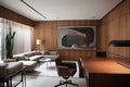 modern office with wood paneling, sleek furniture and contemporary art Royalty Free Stock Photo