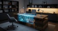 Modern office with wooden desk displaying holographic blueprint on technologically advanced surface Royalty Free Stock Photo