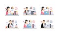 Modern Office Workplace with Employees Set, Business People Characters Working Day Cartoon Vector Illustration Royalty Free Stock Photo