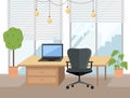 Modern office workplace with furniture laptop on the table, chair, potted plant in cozy interior Royalty Free Stock Photo