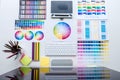 Modern office workplace with tablet, Graphic designer and color swatch samples at workplace, top view workspace Royalty Free Stock Photo