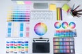 Modern office workplace with tablet, Graphic designer and color swatch samples at workplace, top view workspace Royalty Free Stock Photo