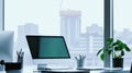 Modern office workspace with desktop computer and urban skyline view Royalty Free Stock Photo