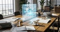 Modern office workspace with digital holographic interface and futuristic technology Royalty Free Stock Photo