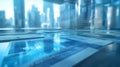 futuristic digital financial data charts and graphs displayed on transparent screens in a modern cityscape environment with blue t Royalty Free Stock Photo
