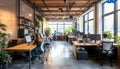 modern open plan office space with natural light plants and employees working at computers in a collaborative environment Royalty Free Stock Photo