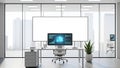 Modern Office Workspace with Futuristic Data Display and Blank Screen Royalty Free Stock Photo