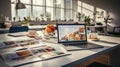 Modern Office Workspace with Laptop, Coffee, and Marketing Materials