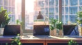 Modern Office Workspace with Laptops and Plants Generative AI