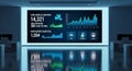 Modern office workspace with large data analytics dashboard screen displaying graphs charts and statistics for business Royalty Free Stock Photo
