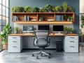 A modern office workspace with a large wooden desk, multiple computer monitors, and plants for greenery The setting is