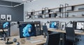 Modern office workspace with multiple computer monitors displaying design software interface Royalty Free Stock Photo