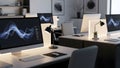 Modern office workspace with multiple computer monitors and slee Royalty Free Stock Photo
