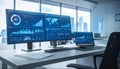 Modern Office Workspace with Multiple Screens Showing Global Data Analytics Dashboard and Business Intelligence Charts Royalty Free Stock Photo