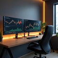 Modern office workstation with dynamic cryptocurrency trading analytics on monitors. Charts graphs, data displayed on monitors. Royalty Free Stock Photo