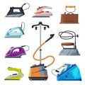 Modern and Old Irons and Cloth Steamer Collection, Household Appliances, Electric Ironing Clothes Devices Vector