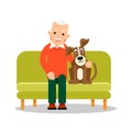 Modern old man sitting on couch next to him is a dog. Retirement concept. Leisure pensioner. Senior with adorable pet. Flat design