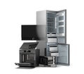 Modern open built in kitchen appliances set 3d render on white