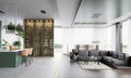 Modern open-concept living space with a green kitchen island,