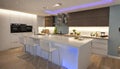 Modern open kitchen with dropped ceiling and LED strip Royalty Free Stock Photo