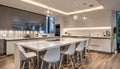 Modern open kitchen with dropped ceiling and LED strip Royalty Free Stock Photo