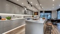 Modern open kitchen with dropped ceiling and LED strip Royalty Free Stock Photo