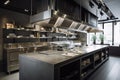 modern, open kitchen with sleek and minimalist design for a high-end restaurant Royalty Free Stock Photo