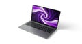 Open Laptop with Swirling Purple and White Screen Design on White Background computer Royalty Free Stock Photo
