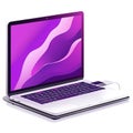Modern open laptop displaying a vibrant abstract wallpaper. This sleek portable computer is connected to a charging cable, Royalty Free Stock Photo