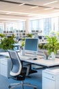 Modern Open Office Space With Natural Light And Greenery., Empty Desks And Comfortable Chairs. Royalty Free Stock Photo