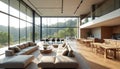Modern open plan interior with huge panoramic windows, forest view. Spacious luxury living room with sofa combines with dining Royalty Free Stock Photo