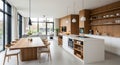 Modern Open Plan Kitchen and Dining Area with Natural Wood Accents and Large Windows interior Royalty Free Stock Photo