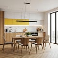 Modern Open-Plan Kitchen and Dining Room with Yellow Accents Royalty Free Stock Photo