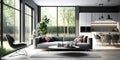 Modern open-plan living room with large glass windows and sleek grey furniture. Generative AI Royalty Free Stock Photo