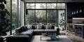 Modern open-plan living room with large glass windows and sleek grey furniture. Generative AI Royalty Free Stock Photo
